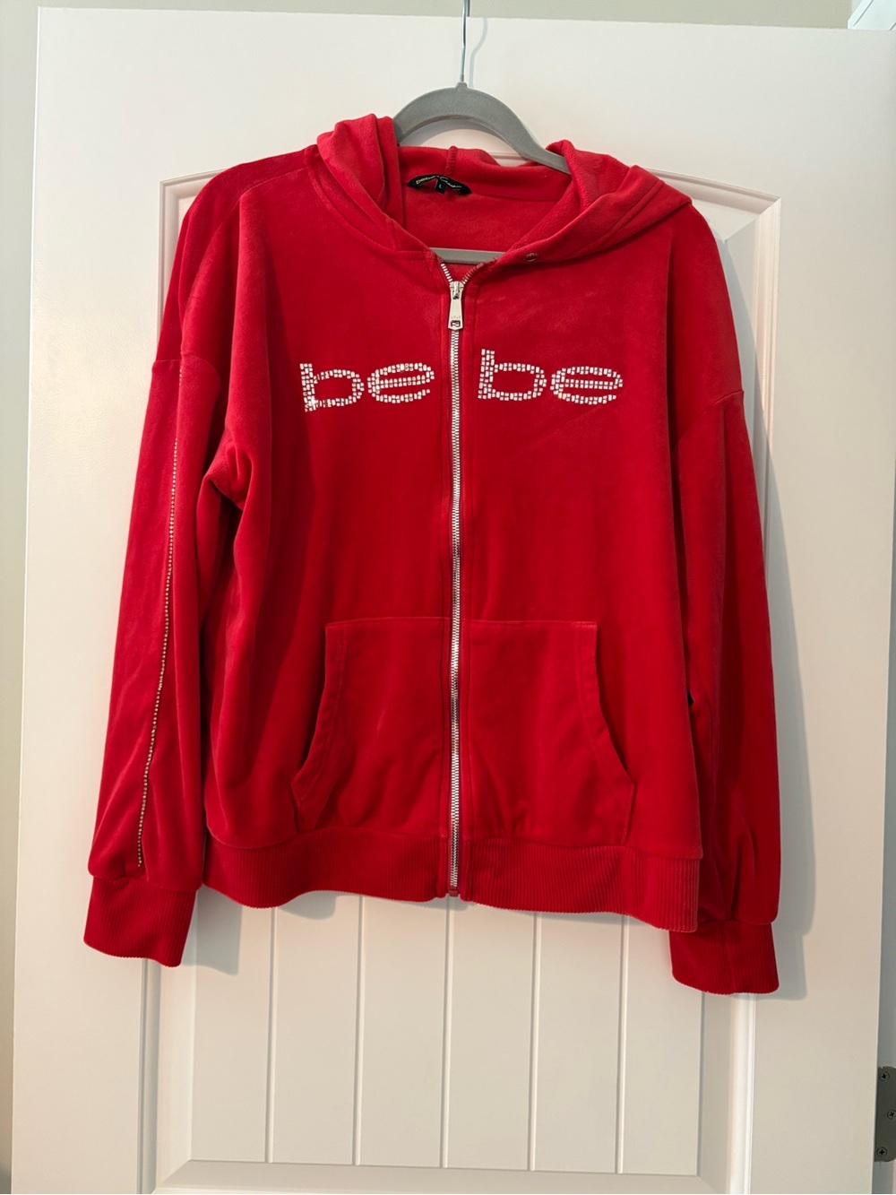 bebe Red Velour Rhinestone Detail Zip Hoodie Size Large Y2K Bedazzled Glam EUC